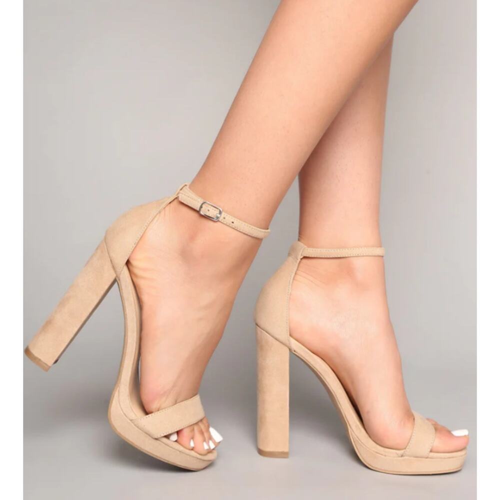 Fashion Nova Nude Beige Suede Platform Block Heel Sandals